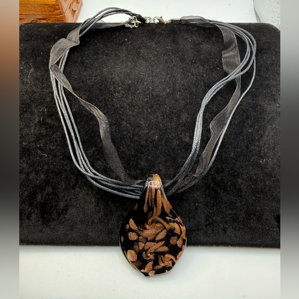 Lampwork Glass Teardrop Pendant Necklace Black & Copper 17–19” New in Box